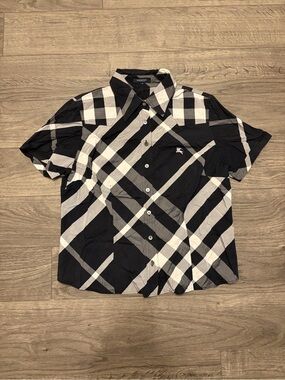 Burberry Black & White Plaid Short Sleeve Button-Down Shirt